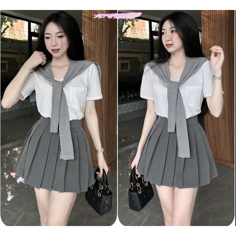 Sét Bộ 3 Món Tiểu Thư - Áo Thun Thuỷ Thủ Quàng Khăn Phối Kèm Chân Váy  Xếp Ly Xám Sang Chảnh