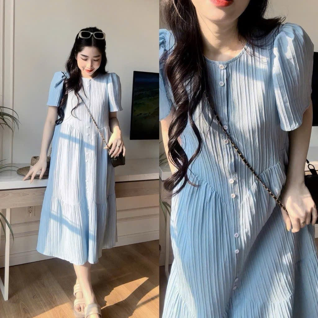 Đầm Bầu Xinh thiết kế sơ mi khuy cài mặc đi làm dự tiệc công sở chất vải dáng dài