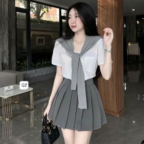 Sét Bộ 3 Món Tiểu Thư - Áo Thun Thuỷ Thủ Quàng Khăn Phối Kèm Chân Váy  Xếp Ly Xám Sang Chảnh