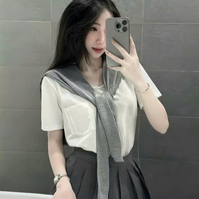 Sét Bộ 3 Món Tiểu Thư - Áo Thun Thuỷ Thủ Quàng Khăn Phối Kèm Chân Váy  Xếp Ly Xám Sang Chảnh