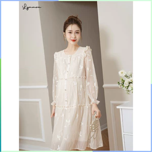 Đầm bầu dài tay thiết kế dáng suông xinh xắn chất vải tơ thêu hoa cao cấp