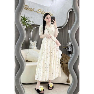 Đầm bầu, váy bầu babydoll dáng dài hai lớp chất vải đũi thái mềm mát xinh xắn