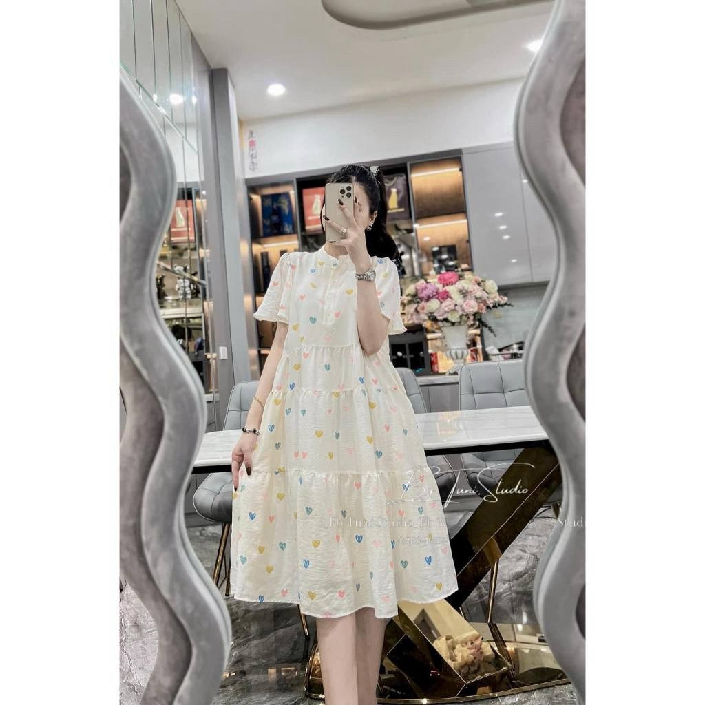 Đầm babydoll- váy in hình trái tim siêu xinh hai lớp chất vải đũi mềm mát xinh xắn thời trang