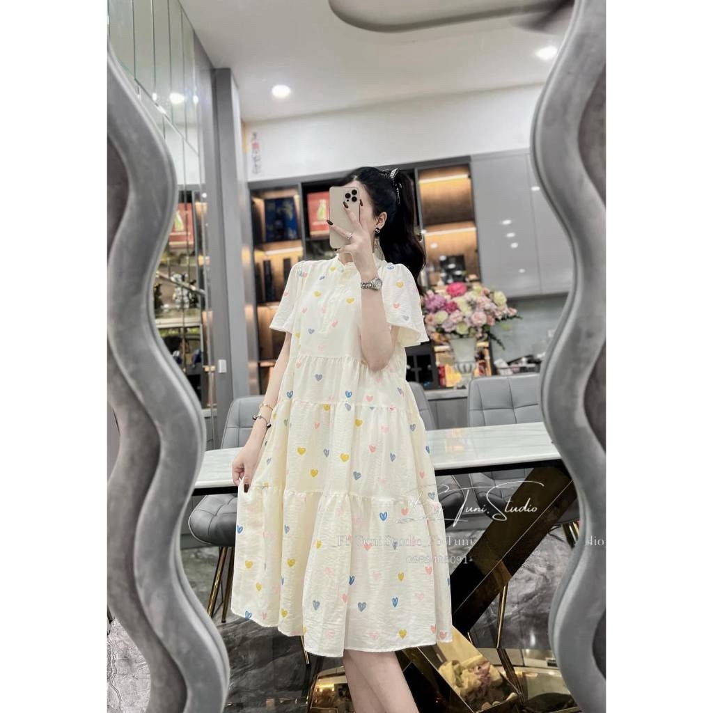 Đầm babydoll- váy in hình trái tim siêu xinh hai lớp chất vải đũi mềm mát xinh xắn thời trang