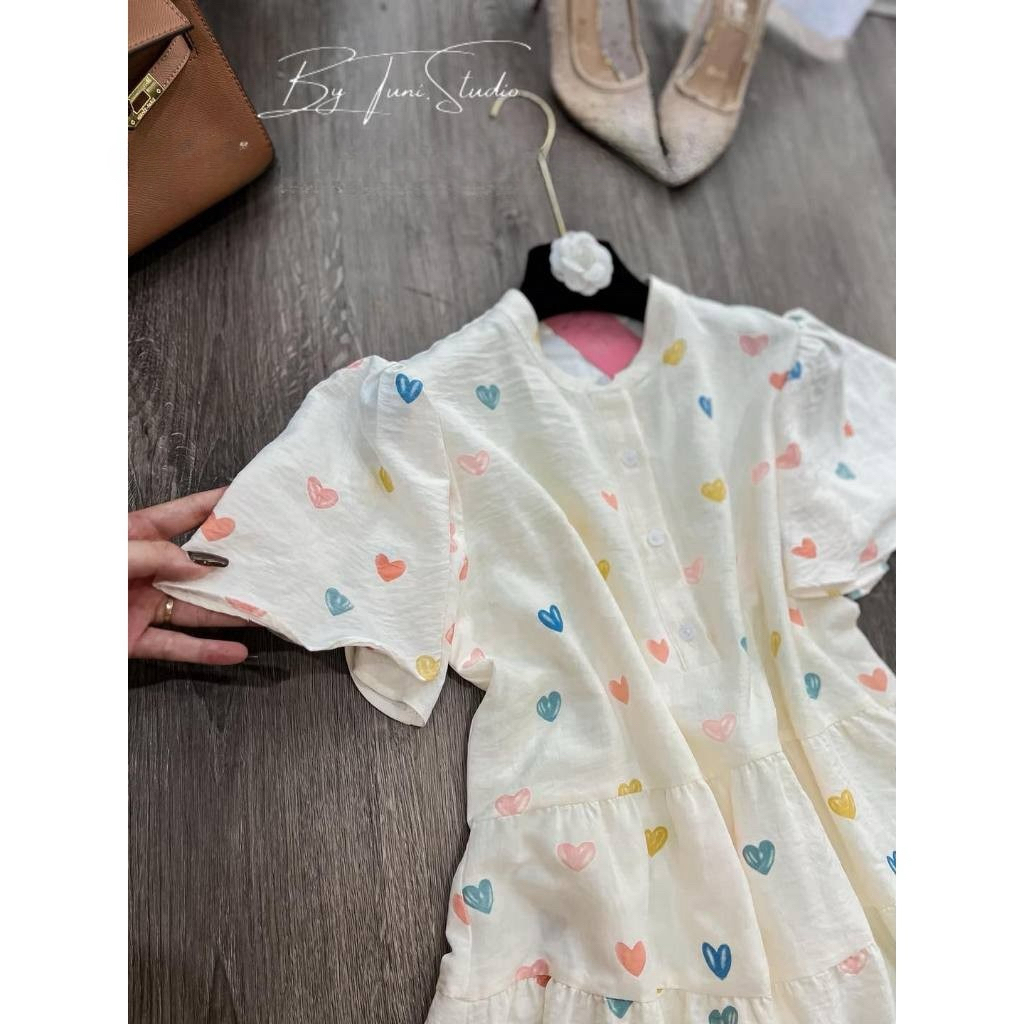 Đầm babydoll- váy in hình trái tim siêu xinh hai lớp chất vải đũi mềm mát xinh xắn thời trang