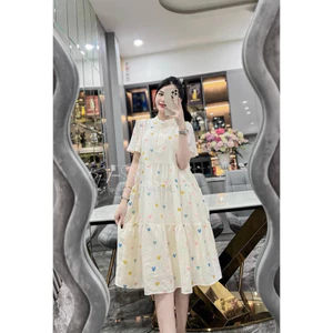 Đầm babydoll- váy in hình trái tim siêu xinh hai lớp chất vải đũi mềm mát xinh xắn thời trang