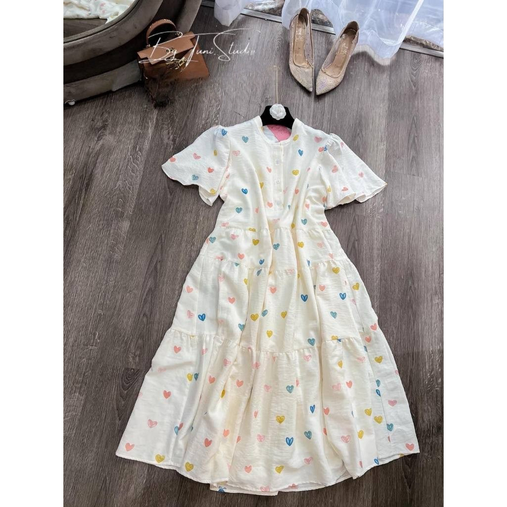 Đầm babydoll- váy in hình trái tim siêu xinh hai lớp chất vải đũi mềm mát xinh xắn thời trang