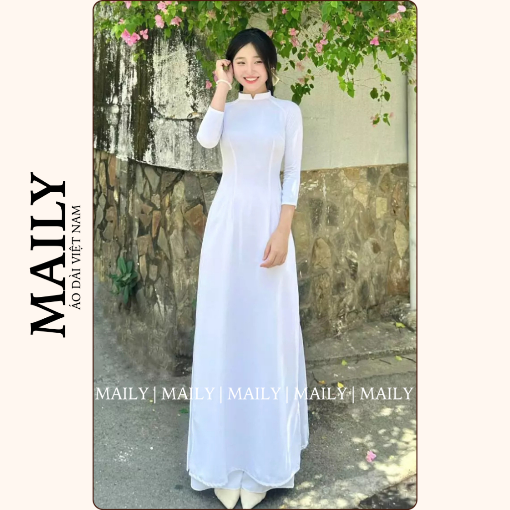 Áo Dài Trắng Học Sinh Lụa Mỹ Thoáng Mát, Thiết Kế Cổ Chữ V Cao 2 Phân Tà Dài Chữ A Tôn Dáng - ÁO DÀI MAILY