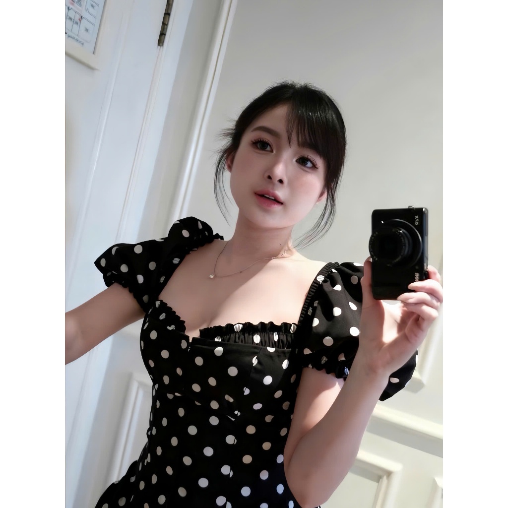 [Hàng loại 1] Áo kiểu Corset cup ngực chấm bi A24 tay phồng cổ vuông ôm eo tiểu thư vitage quyến rũ | BigBuy360 - bigbuy360.vn