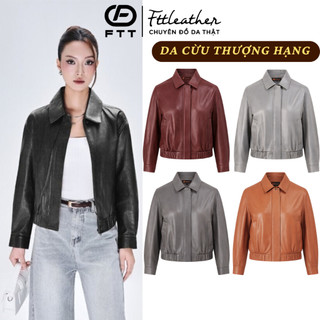 Áo da cừu nữ Collar Blouson bo da thật cao cấp FTT Leather tay khoá kéo không bong tróc nổ AN402C