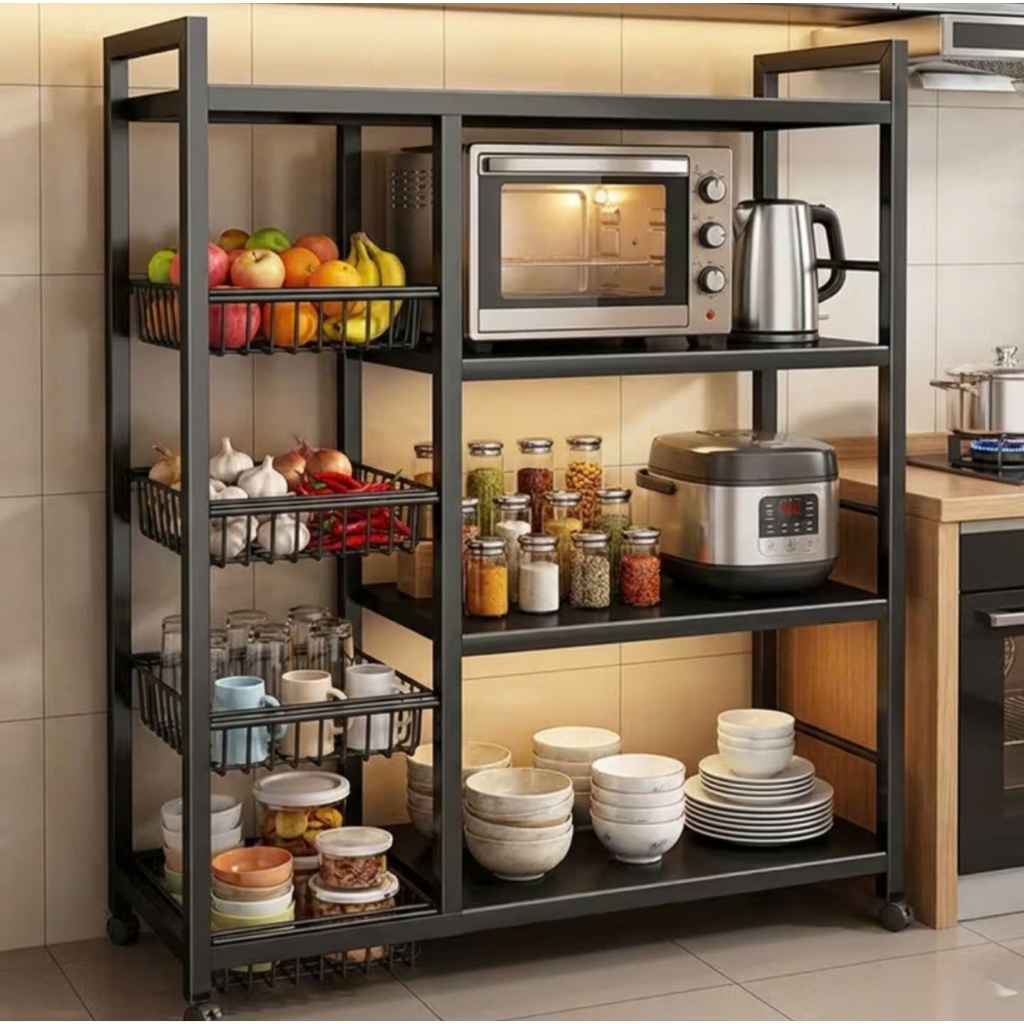 Kệ Lò Vi Sóng 4 Tầng Khung Thép Sơn Tĩnh Điện, Kích Thước D80xR31xC103cm Có Bánh Xe Đa Năng. Kệ Nhà Bếp Để Nồi Cơm Điện