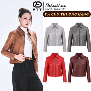 Áo da cừu nữ Collar crop suông nhẹ nhàng cao cấp FTTLeather tay khoá kéo không bong tróc nổ AN401C