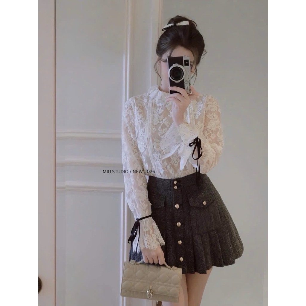 Áo ren hoa nổi 2 lớp cổ bèo dài tay thắt nơ tiểu thư sang chảnh, Áo nữ vintage cổ nhún tay nơ chất liệu ren hoa cao cấp