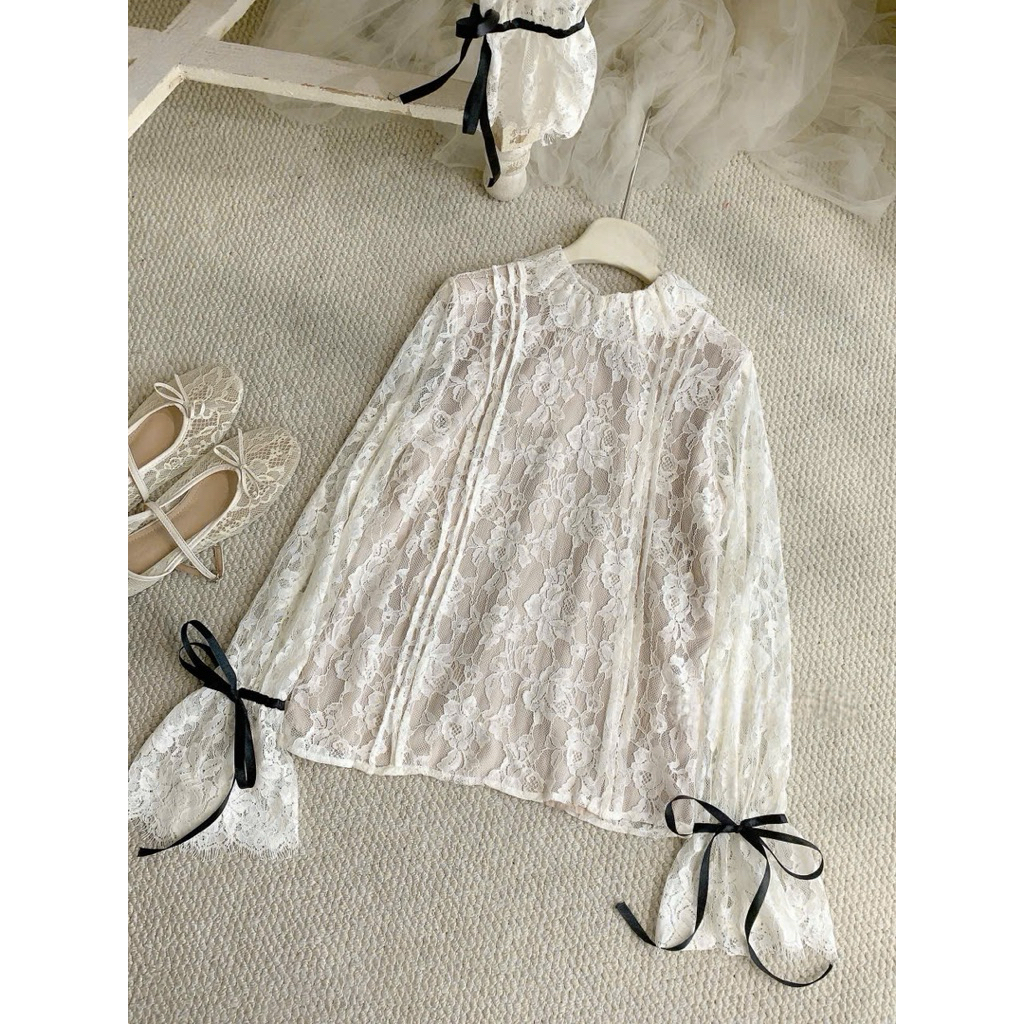 Áo ren hoa nổi 2 lớp cổ bèo dài tay thắt nơ tiểu thư sang chảnh, Áo nữ vintage cổ nhún tay nơ chất liệu ren hoa cao cấp