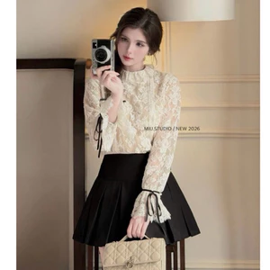 Áo ren hoa nổi 2 lớp cổ bèo dài tay thắt nơ tiểu thư sang chảnh, Áo nữ vintage cổ nhún tay nơ chất liệu ren hoa cao cấp
