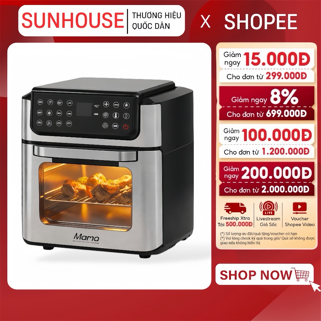 NỒI CHIÊN KHÔNG DẦU 12L SUNHOUSE MAMA SHD4094 - 12 chế độ nấu cài