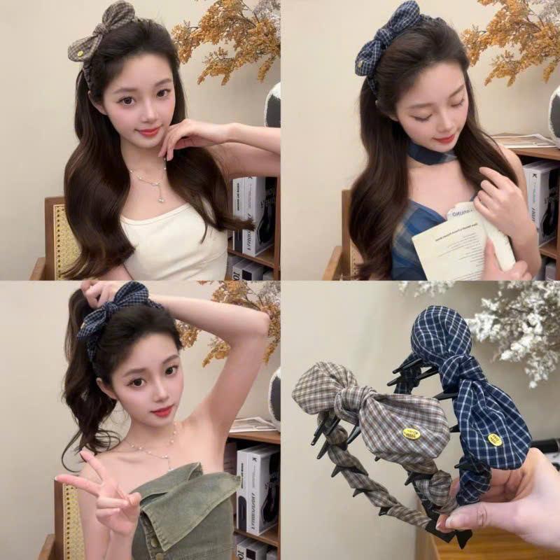 LEZA - Bờm làm phồng chân tóc Nơ Kẻ Caro Trẻ Trung nhẹ đầu không bị đau phong cách Hàn Quốc