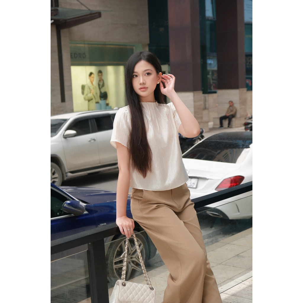 LABAVISTA Áo sơ mi nữ vải tơ nến chít ly cách điệu dáng suông thoải mái nhẹ nhàng