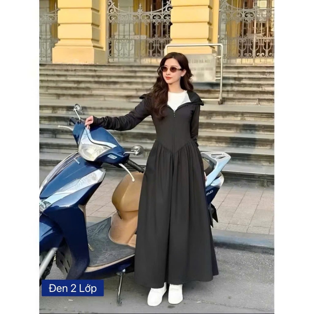 Áo Chống Nắng Toàn Thân Nữ 2 LỚP Dáng Dài chiết eo tôn dáng Có Mũ Rộng Vành Chống Tia UV Chất Thun Lạnh Mềm Mịn loại 1