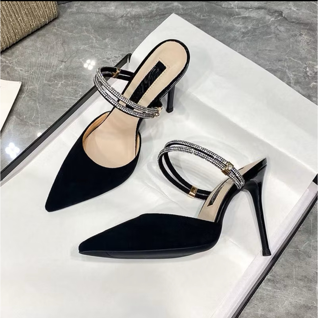 [bigsize 35 -41] Giầy mũi nhọn gót 7p -9p hậu dây đá chất da mịn B01