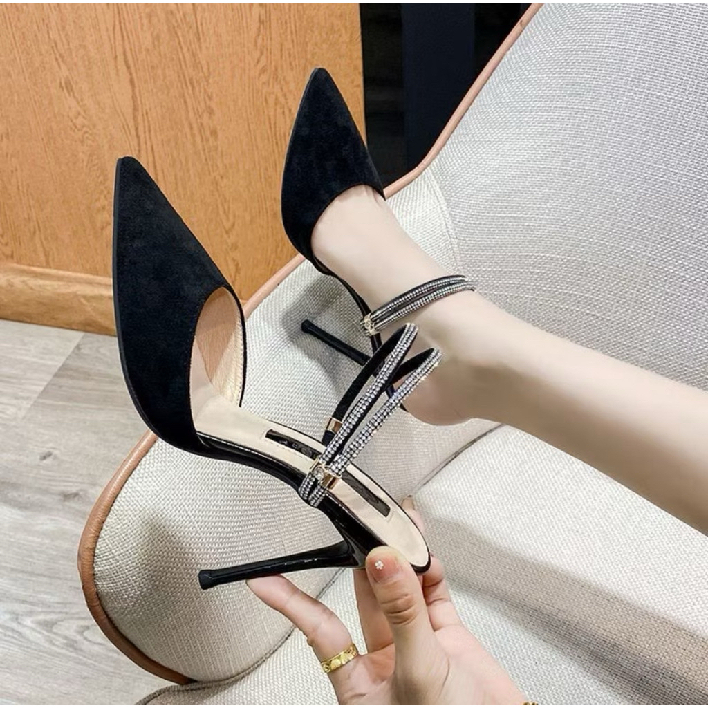 [bigsize 35 -41] Giầy mũi nhọn gót 7p -9p hậu dây đá chất da mịn B01