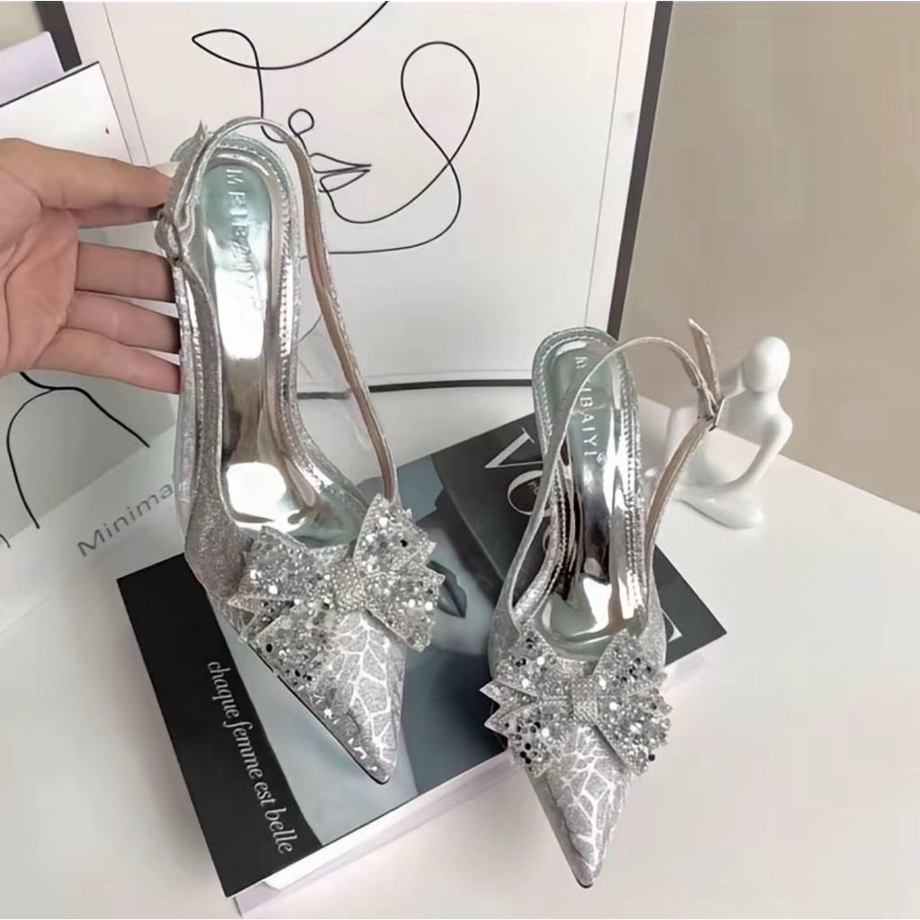 [ bigsize 35-41 ] Giầy cao gót kim tuyến phối mica siêu bling trang trí nơ đá điếm nhấn sang trọng gót 7p-9p B05