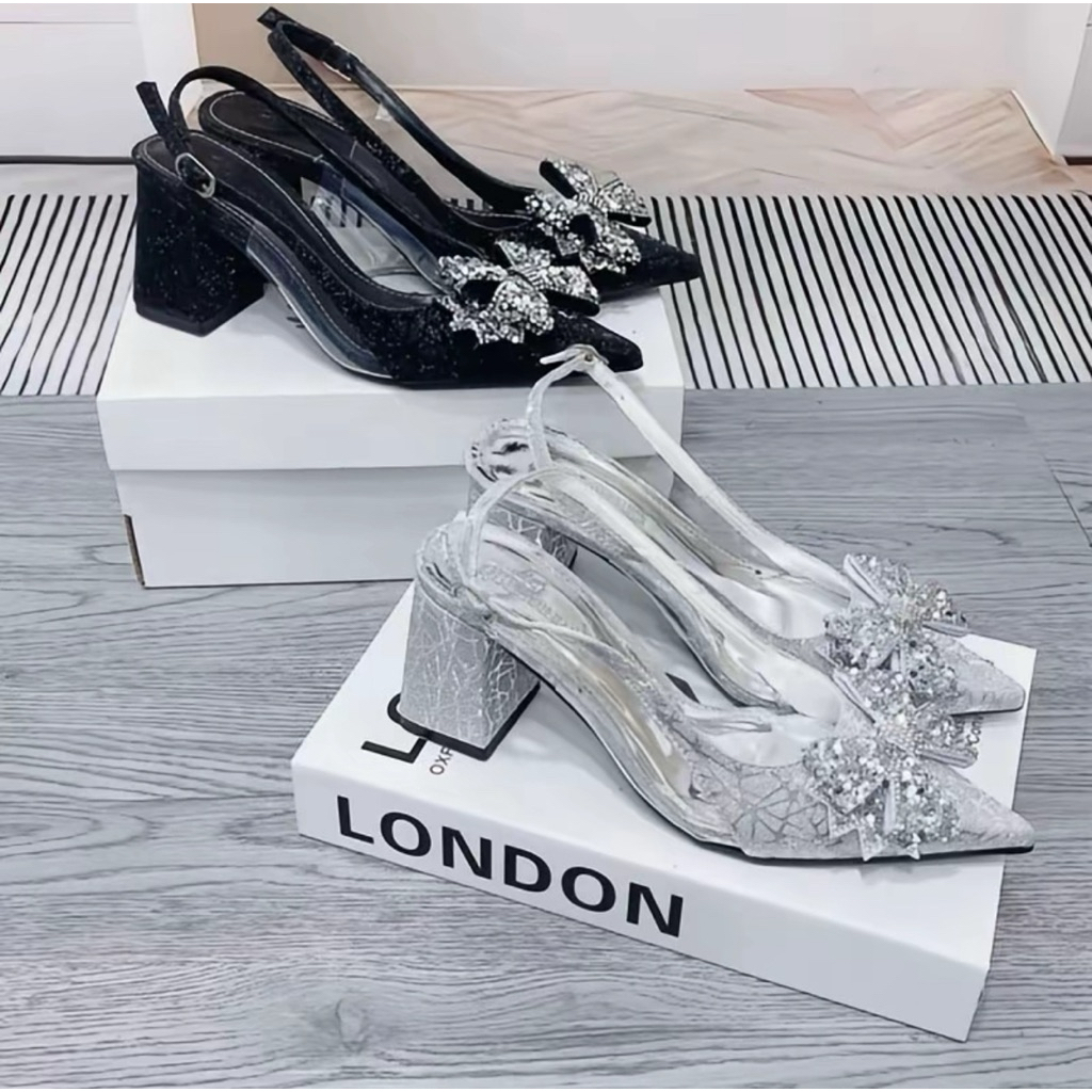 [ bigsize 35-41 ] Giầy cao gót kim tuyến phối mica siêu bling trang trí nơ đá điếm nhấn sang trọng gót 7p-9p B05