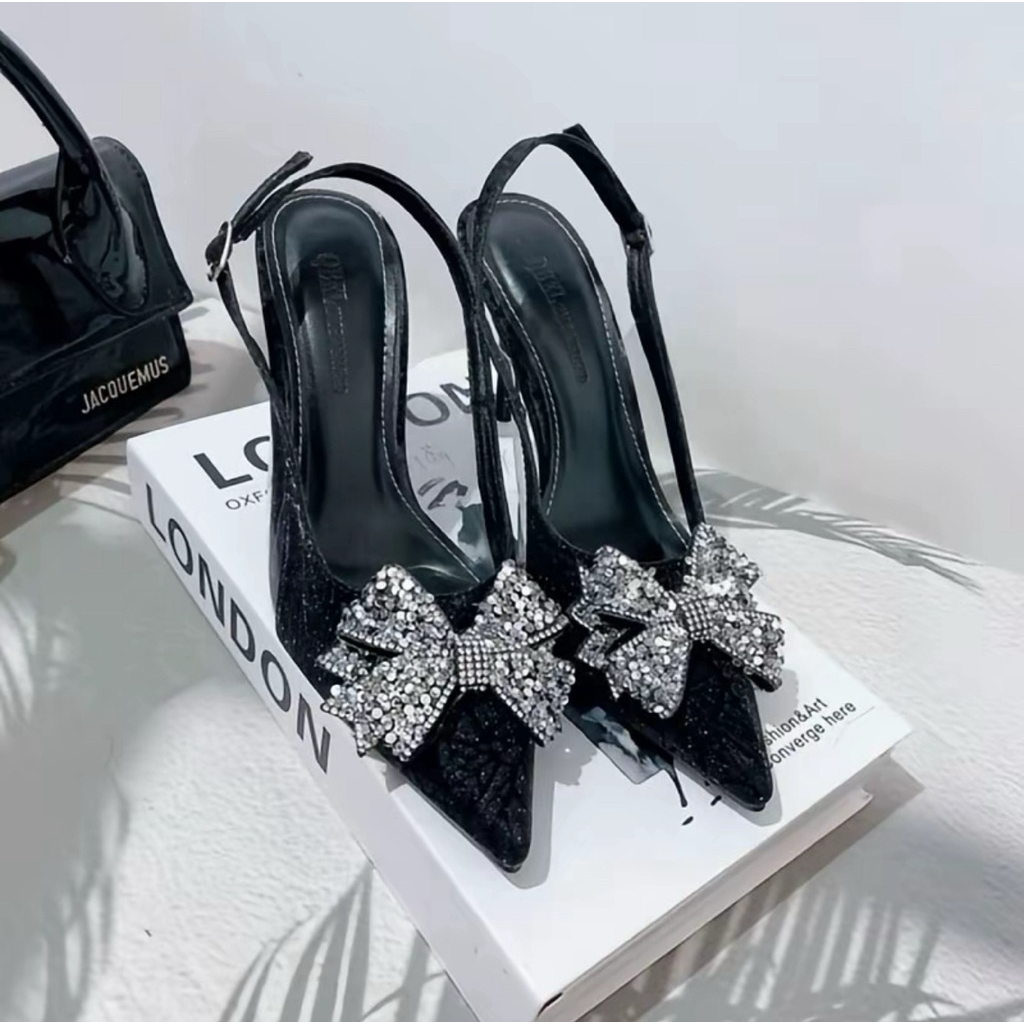 [ bigsize 35-41 ] Giầy cao gót kim tuyến phối mica siêu bling trang trí nơ đá điếm nhấn sang trọng gót 7p-9p B05