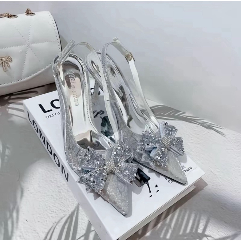 [ bigsize 35-41 ] Giầy cao gót kim tuyến phối mica siêu bling trang trí nơ đá điếm nhấn sang trọng gót 7p-9p B05