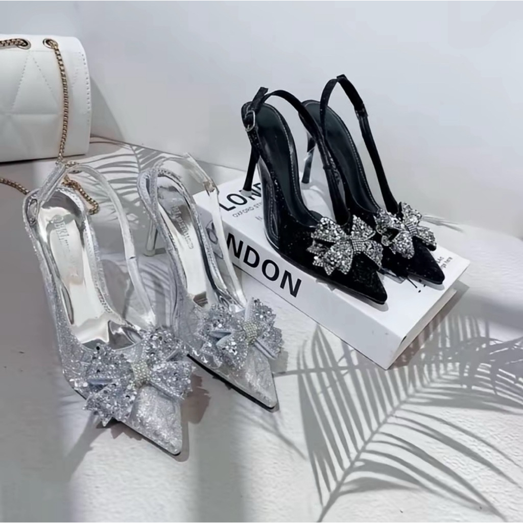[ bigsize 35-41 ] Giầy cao gót kim tuyến phối mica siêu bling trang trí nơ đá điếm nhấn sang trọng gót 7p-9p B05