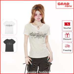 Áo thun nữ GRADPOPU cổ tim tay ngắn in chữ phong cách hàn quốc form ôm thoáng mát dễ phối đồ AN281