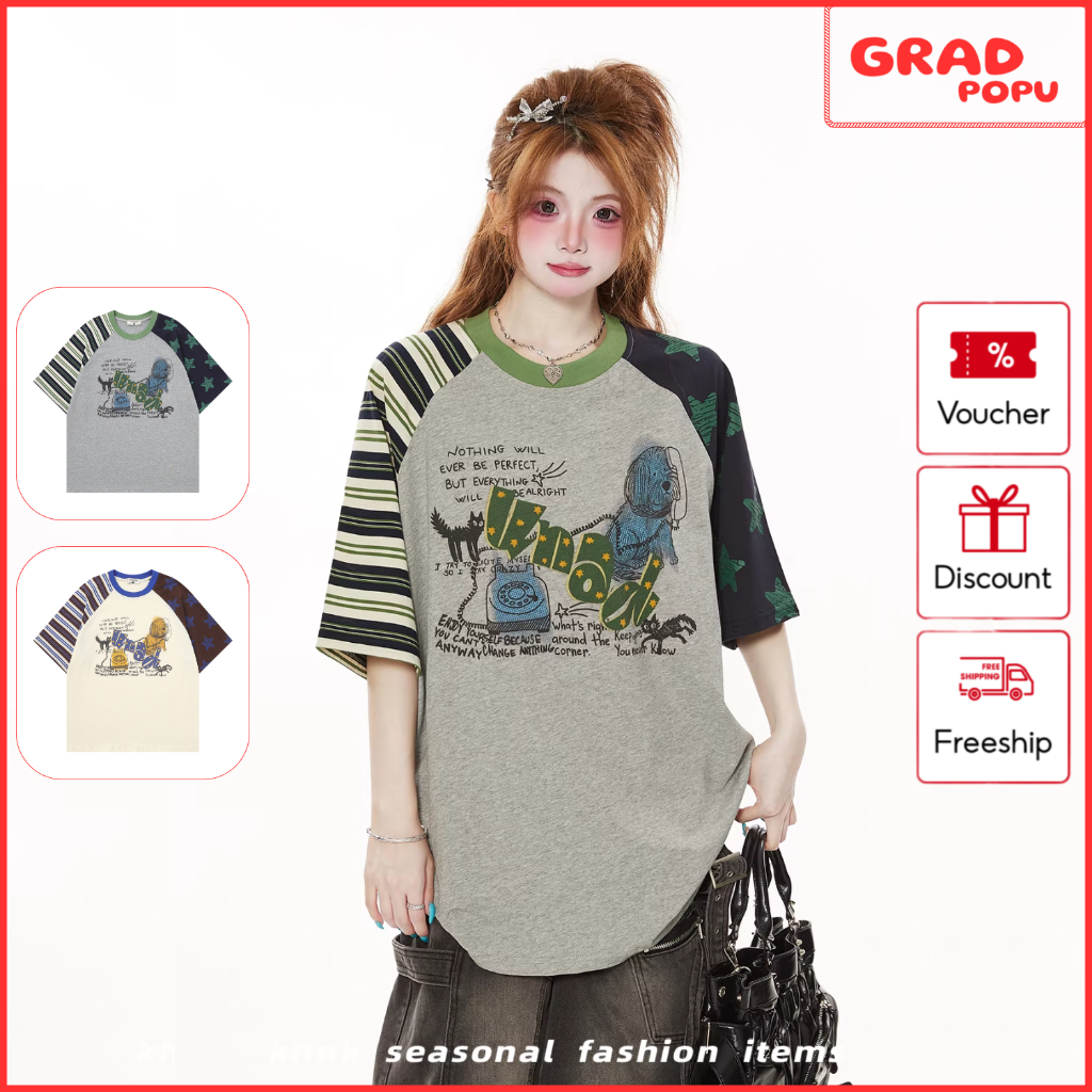 Áo thun nữ form rộng GRADPOPU tay raglan phối sọc in hình phong cách streetwear Hàn Quốc mới AN277