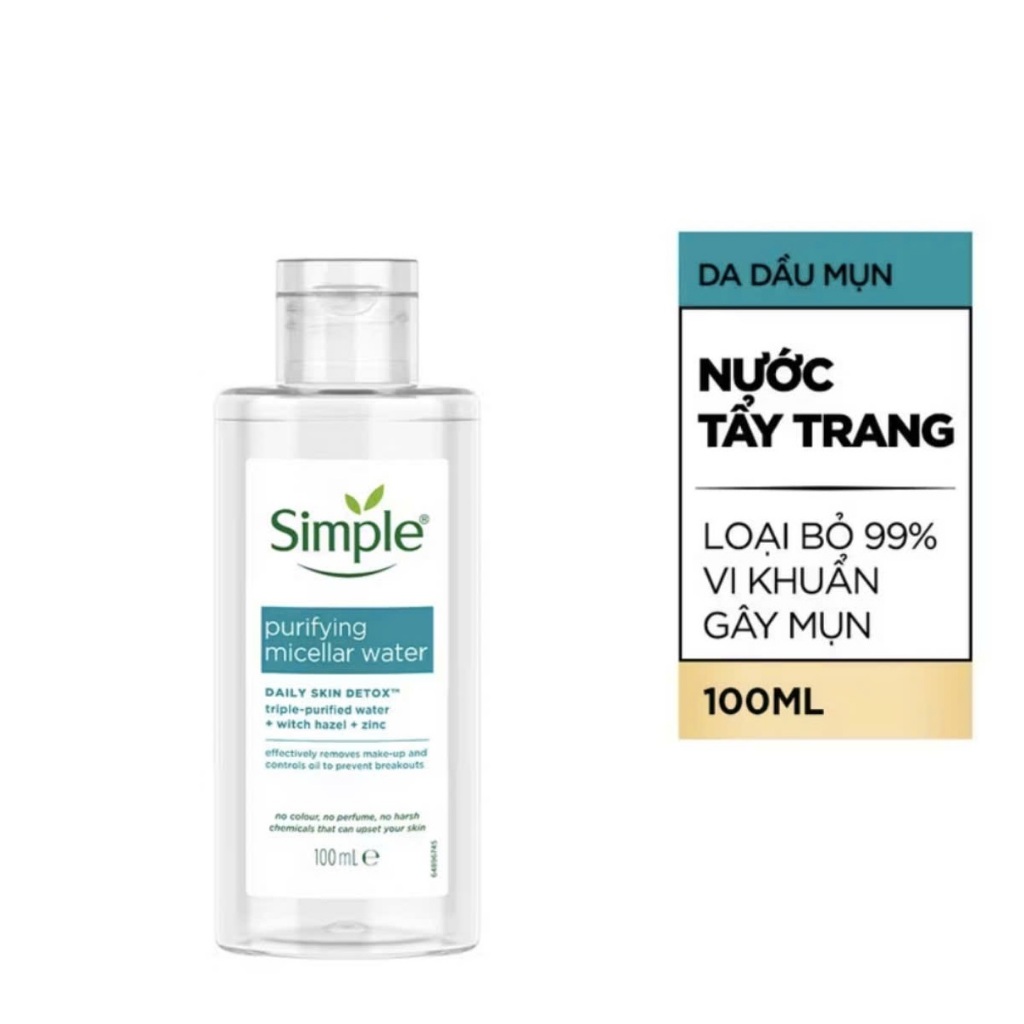 Combo Simple da mụn sữa rửa mặt 150ml + Nước tẩy trang 100ml Purifying Micellar Water xanh dương