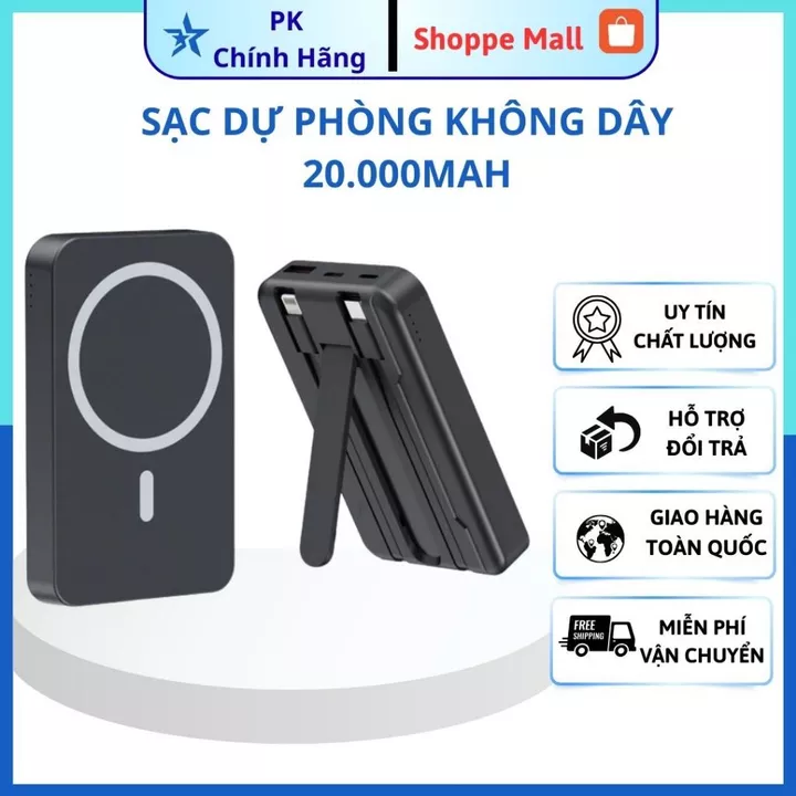 Sạc Dự Phòng Không Dây 20000mAh,Pin Dự Phòng Tích Hợp Dây Sạc, Sạc Siêu Nhanh,Nam Châm Hít Siêu Chắc