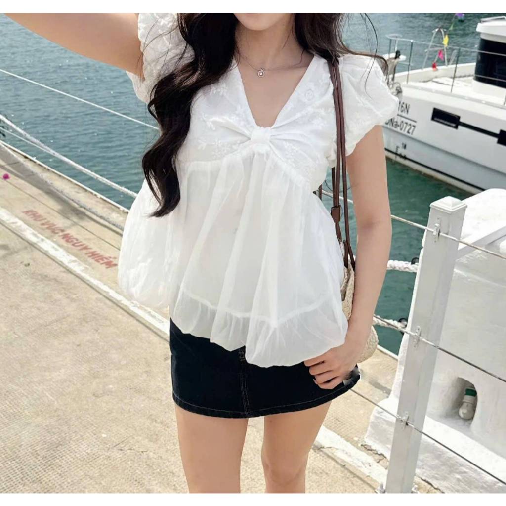 Áo babydoll thô boi phối tơ cổ V dáng bí phồng, áo kiểu phong cách trẻ trung LABEL A108