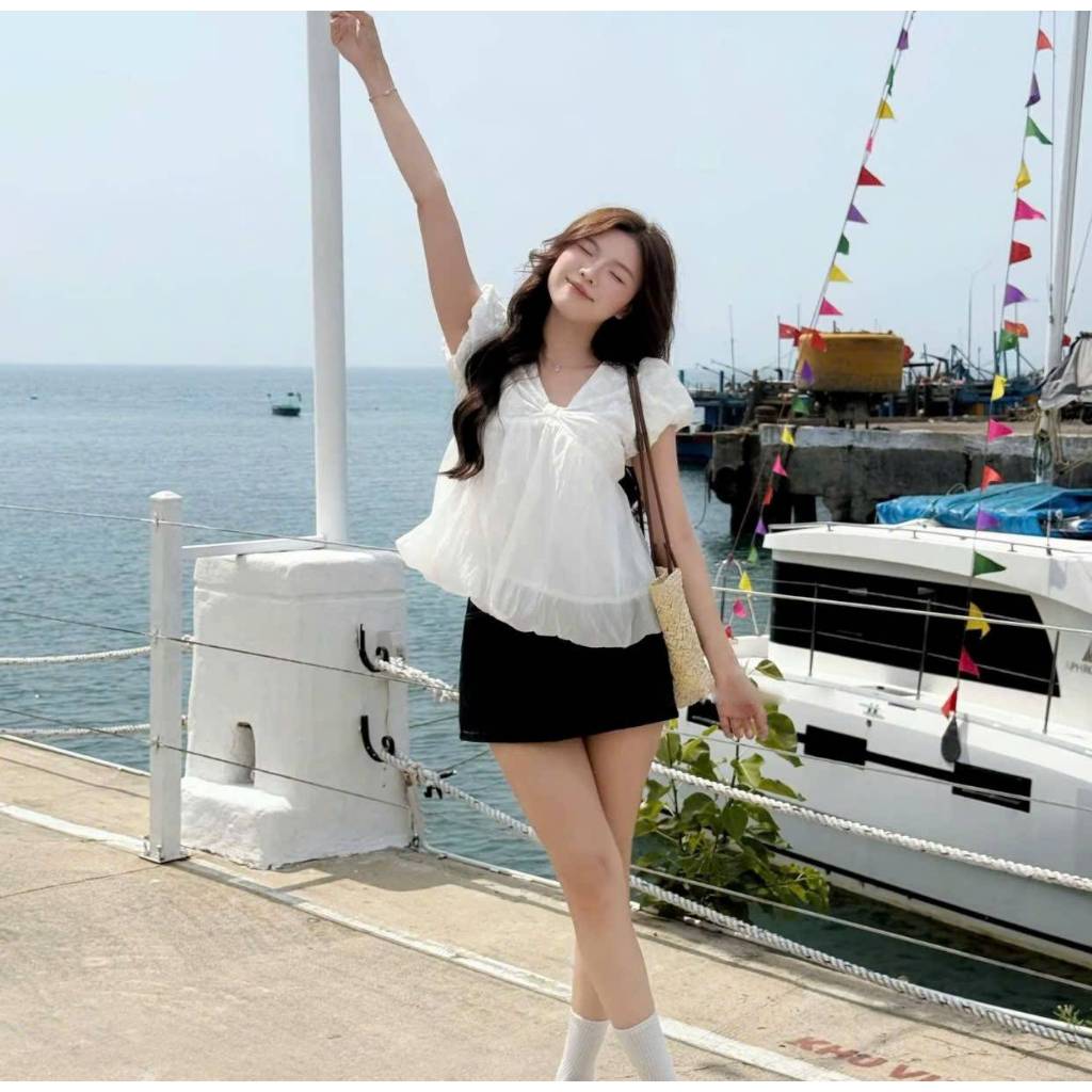 Áo babydoll thô boi phối tơ cổ V dáng bí phồng, áo kiểu phong cách trẻ trung LABEL A108