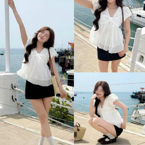 Áo babydoll thô boi phối tơ cổ V dáng bí phồng, áo kiểu phong cách trẻ trung LABEL A108