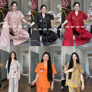 45-65kg Bộ ngủ set pijama TAY NGẮN form VEST RỘNG DÀI Sang phom QC mềm mịn mát