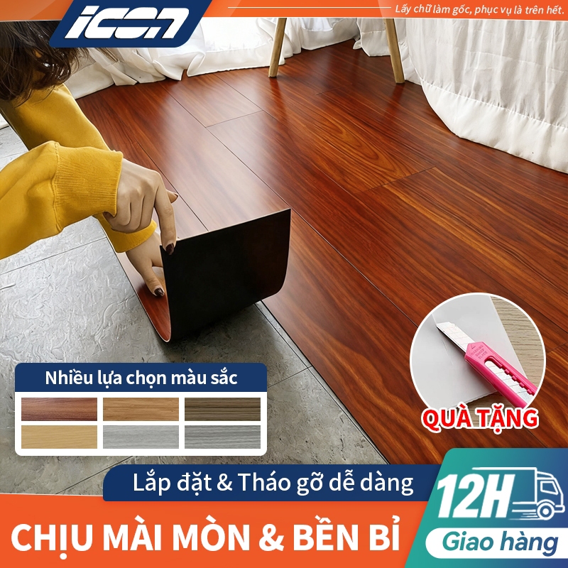 ICON Miếng nhựa lót sàn giả vân gỗ sang trọng, có keo sẵn dễ dán, miếng dán sàn nhà45,5x15,24 cm