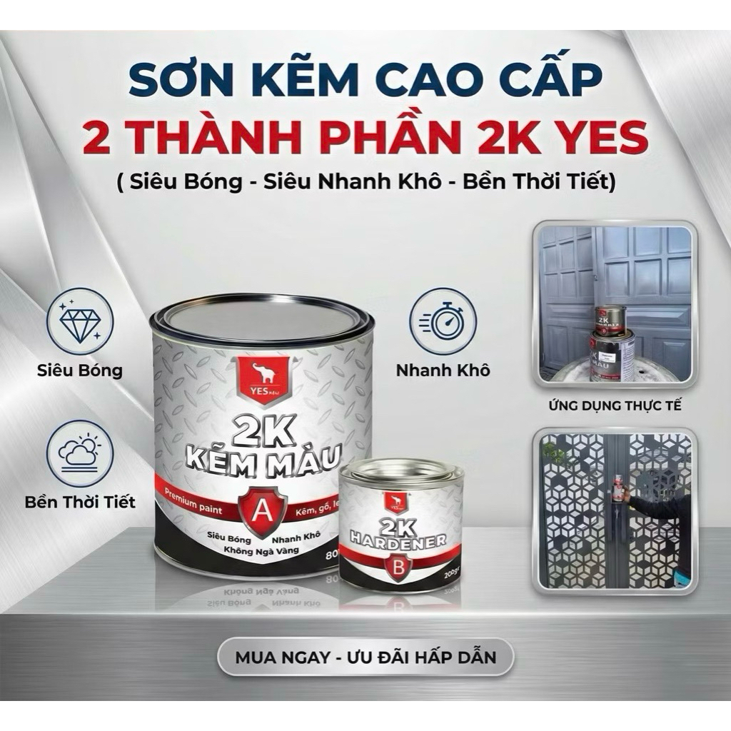 {Bộ 1kg} Sơn Kẽm Cao Cấp 2 Thành Phần 2K Yes Nhanh Khô, Bóng Cứng, Bền Màu, Không Ngã Vàng