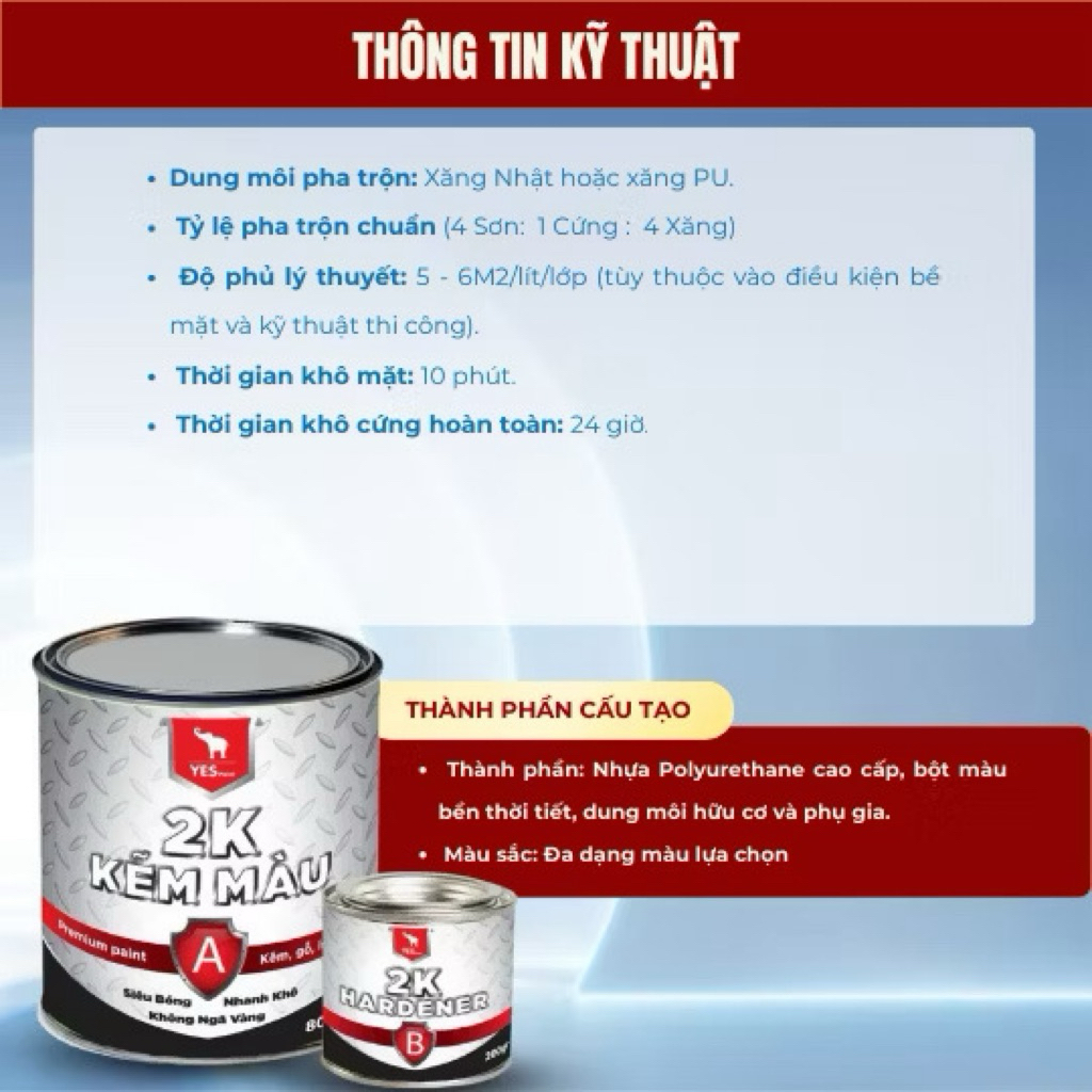 {Bộ 1kg} Sơn Kẽm Cao Cấp 2 Thành Phần 2K Yes Nhanh Khô, Bóng Cứng, Bền Màu, Không Ngã Vàng