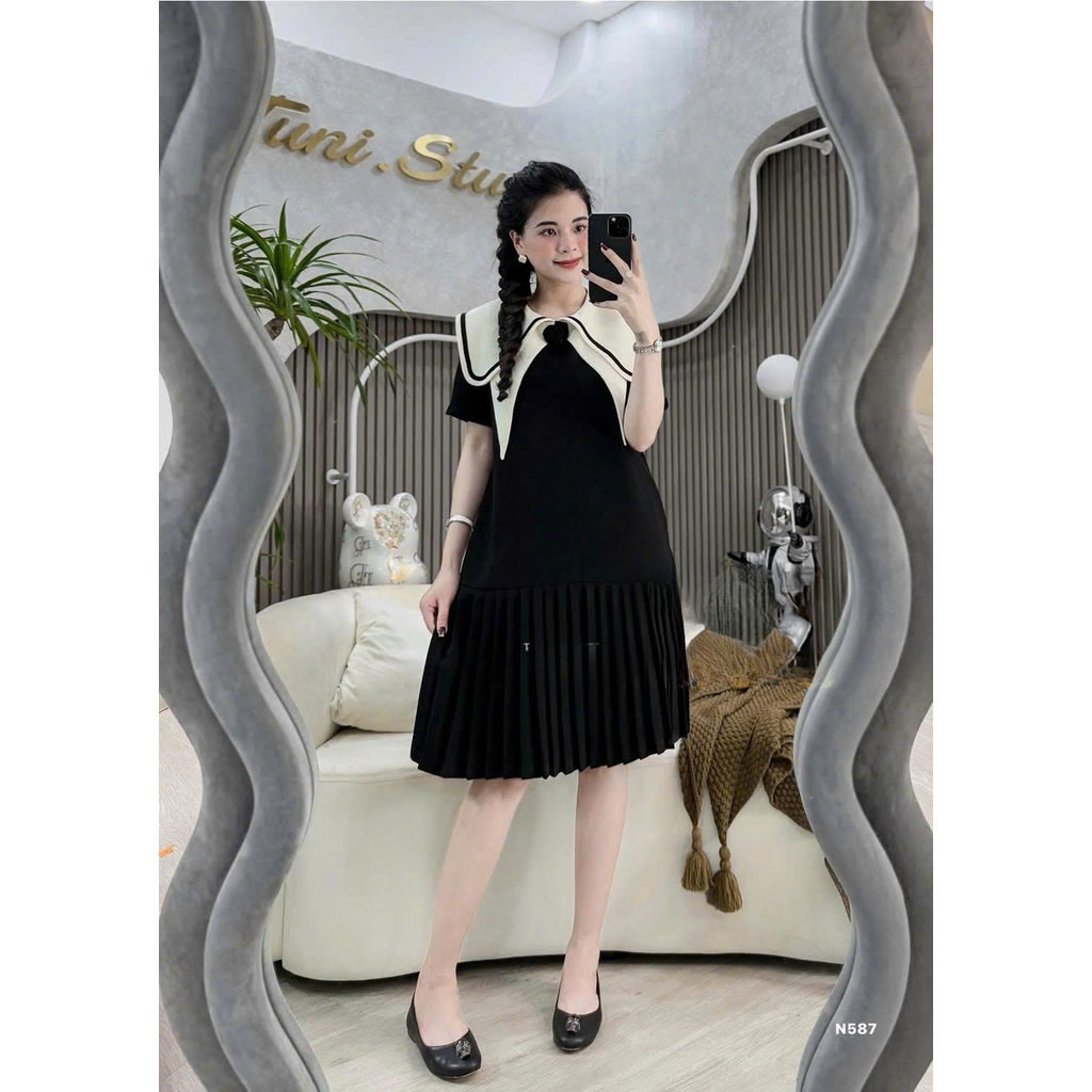 Váy bầu thiết kế, Đầm bầu công sở cổ có hoa cổ vát bẻ sang trọng lịch sự