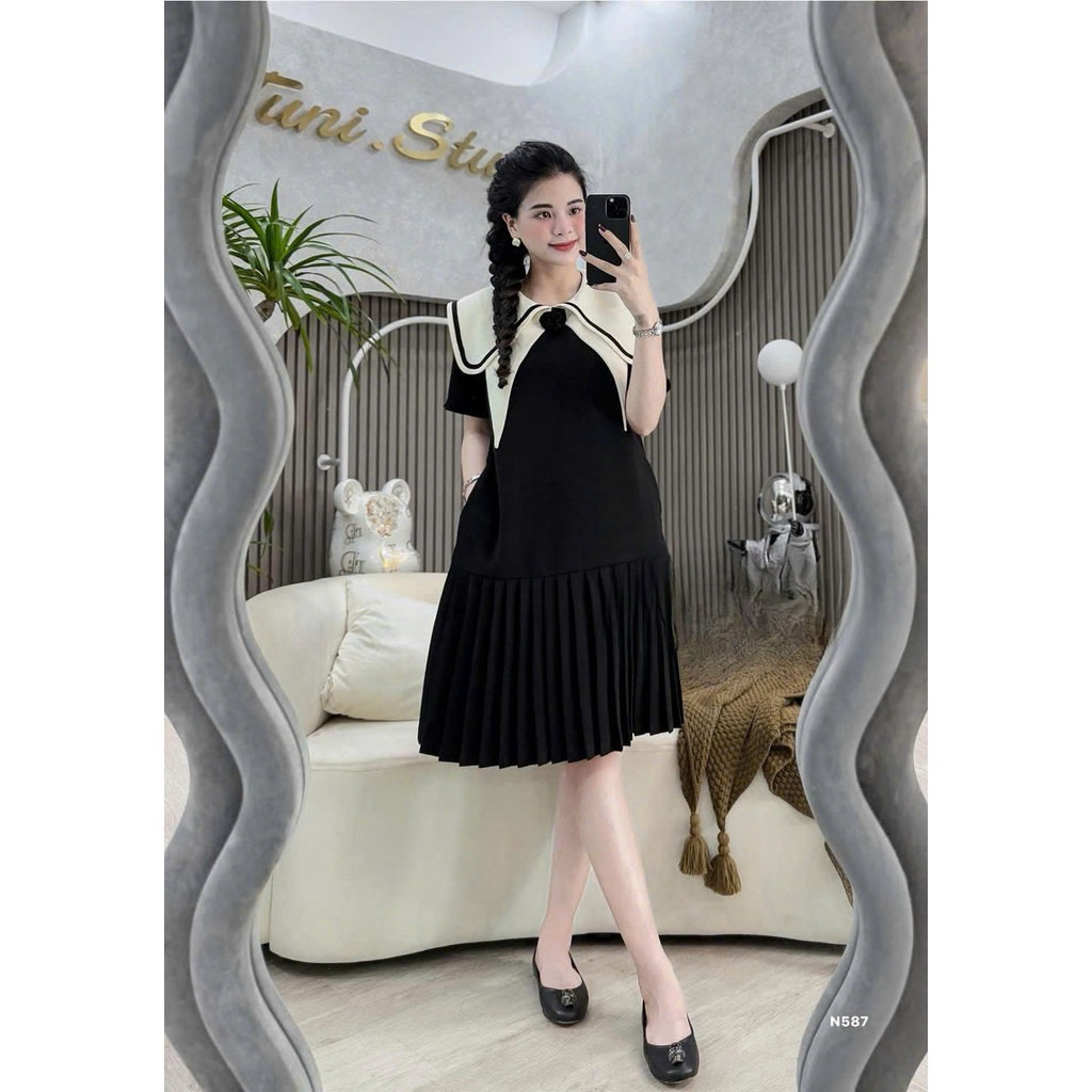 Váy bầu thiết kế, Đầm bầu công sở cổ có hoa cổ vát bẻ sang trọng lịch sự
