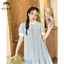 Đầm Bầu, Váy Bầu Công Sở Thiết Kế Cổ Sơ Mi Kẻ Sọc Xanh Cao Cấp Dài Qua Gối Chất Vải Mát Cho Mùa Hè