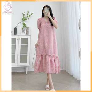 Đầm bầu, Váy bầu babydoll kẻ caro cổ V thiết kế đi dự tiệc công sở dáng dài suông siêu xinh