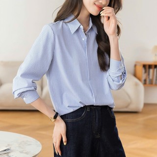 Áo sơ mi kẻ sọc big size nữ tay dài đuôi tôm basic chất vải lụa mềm mịn không kén màu da xinh xắn dễ phối SM49