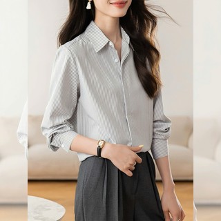 Áo sơ mi kẻ sọc big size nữ tay dài đuôi tôm basic chất vải lụa mềm mịn không kén màu da xinh xắn dễ phối SM49