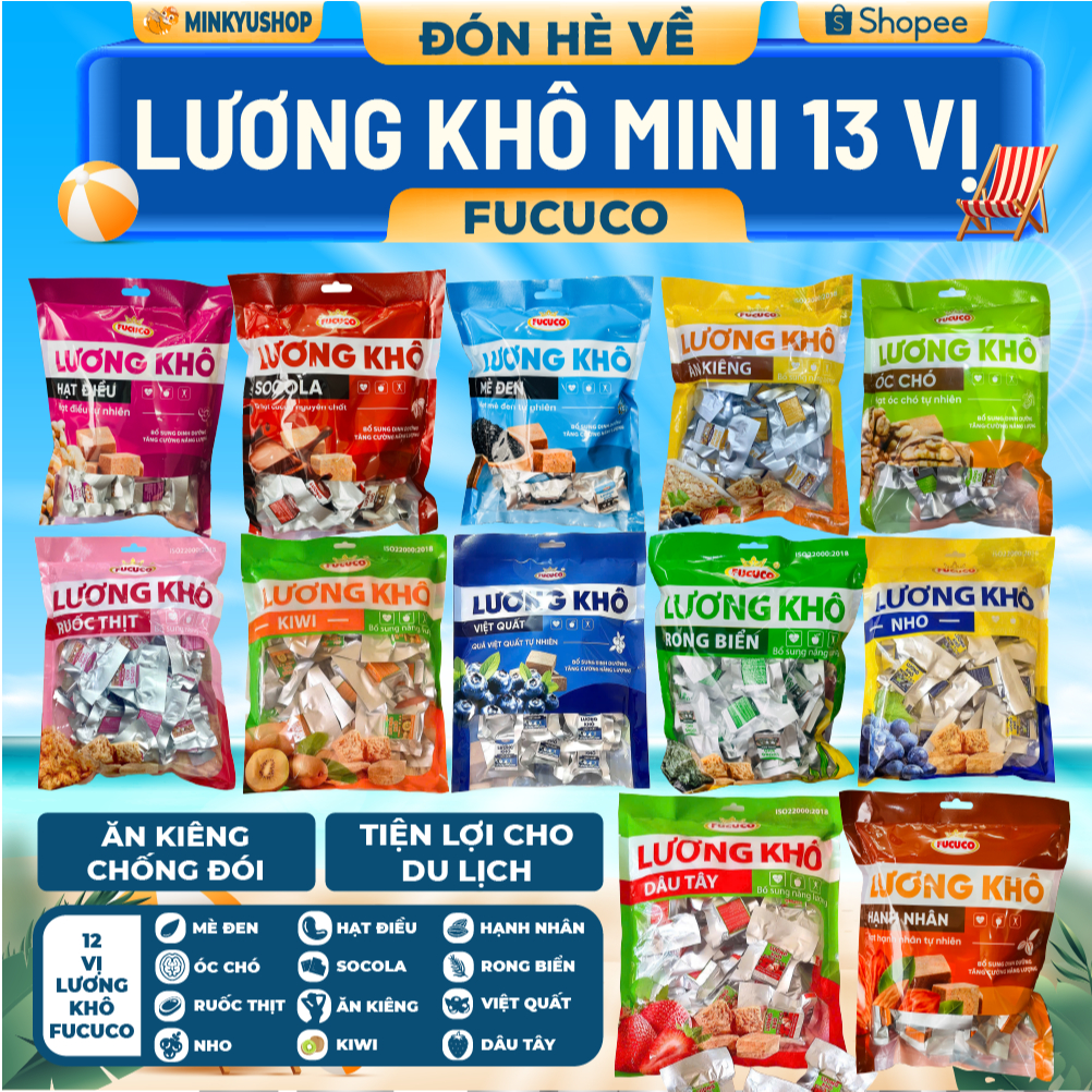 [2 Gói 99K] Lương Khô Mini Fucuco Mix 12 Vị Hạt Điều, Hoa Quả, Socola Chính Hãng Date Xa Dinh Dưỡng