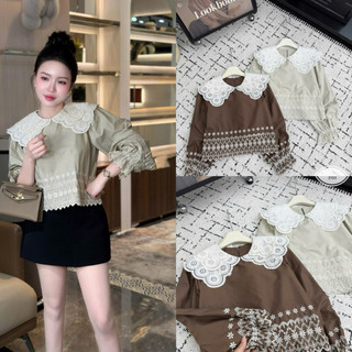 Áo sơ mi thô cổ ren thêu hoa nổi #3103