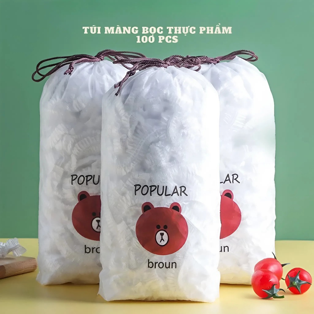 Set 500 túi màng bọc thực phẩm PE hình gấu có chun co giãn siêu dai bọc đồ ăn, tái sử dụng dùng nhiều lần tiện lợi